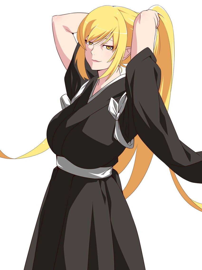 1girl aged_up alternate_costume anime_coloring arms_up belt black_dougi black_theme blonde_hair breasts commentary_request cowboy_shot dougi guchiknight highres huge_breasts japanese_clothes jitome light_blush light_smile long_hair long_sleeves looking_at_viewer medium_eyebrows monogatari_(series) nostrils official_alternate_body_size official_alternate_design official_alternate_hair_length official_alternate_hairstyle official_style oshino_shinobu ponytail sidelocks simple_background slit_pupils smile solo tasuki tying_hair very_long_hair white_background white_belt white_trim yellow_eyes