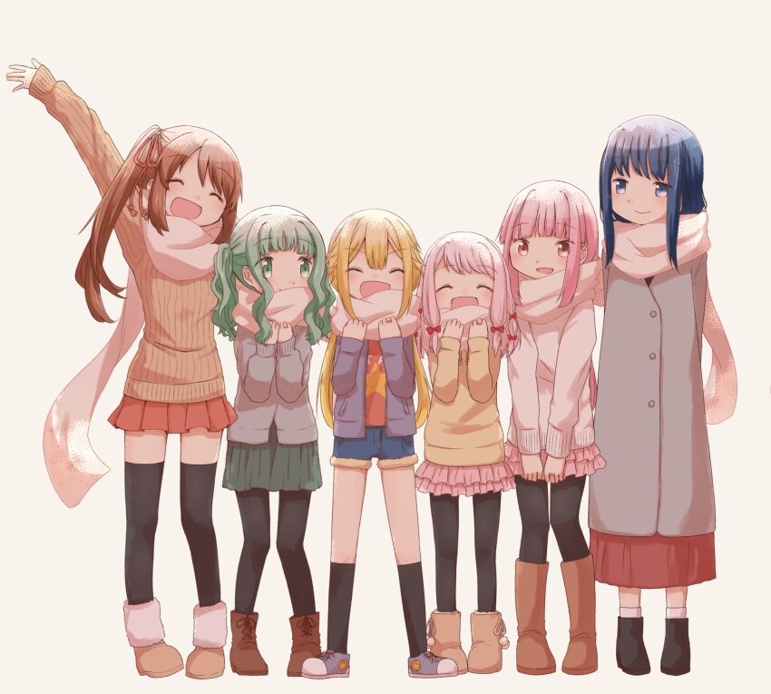 6+girls :d alternate_costume arm_up black_boots black_pantyhose black_socks black_thighhighs blonde_hair blue_eyes blue_hair blue_shorts blunt_bangs boots brown_boots brown_hair brown_sweater cardigan closed_eyes closed_mouth coat commentary_request full_body futaba_sana green_eyes green_hair green_skirt grey_cardigan grey_coat hands_up happy highres itou_(ankocha-mgmg) long_hair long_sleeves looking_at_another magia_record:_mahou_shoujo_madoka_magica_gaiden mahou_shoujo_madoka_magica mitsuki_felicia multiple_girls nanami_yachiyo open_mouth orange_skirt pantyhose pink_eyes pink_hair pink_skirt pleated_skirt red_shirt scarf shirt shorts siblings side_ponytail sidelocks sisters skirt smile socks standing sweater tamaki_iroha tamaki_ui thighhighs twintails wavy_hair winter_clothes yui_tsuruno