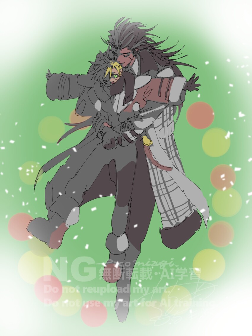 2boys aqua_eyes black_gloves black_hair black_pants black_scarf christmas cloud_strife cloud_strife_(holiday_outfit) coat facial_scar final_fantasy final_fantasy_vii final_fantasy_vii_ever_crisis full_body fur-trimmed_coat fur_trim gloves hair_between_eyes hair_slicked_back highres hug hug_from_behind long_hair multiple_boys official_alternate_costume one_eye_closed open_mouth outstretched_arms pants plaid_clothes plaid_coat red_coat scar scar_on_cheek scar_on_face scarf sekai_ha_sekai short_hair smile spiked_hair tan yaoi zack_fair zack_fair_(holiday_suit) zc_furuya