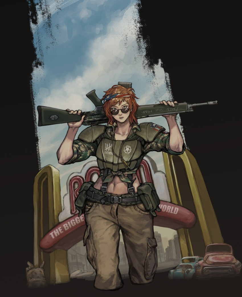 1girl abs american_flag american_flag_print ammunition_pouch arch assault_rifle bandana barrel battle_rifle belt blue_sky brown_hair bullet_necklace bulletproof_vest camouflage camouflage_shirt car cargo_pants cloud cloudy_sky fallout fallout_3 flag_print gun h&amp;k_g3 highres jewelry looking_at_viewer midriff motor_vehicle necklace over_shoulder pants penett pouch rifle shirt short_hair sky sleeves_rolled_up sunglasses toned weapon weapon_over_shoulder