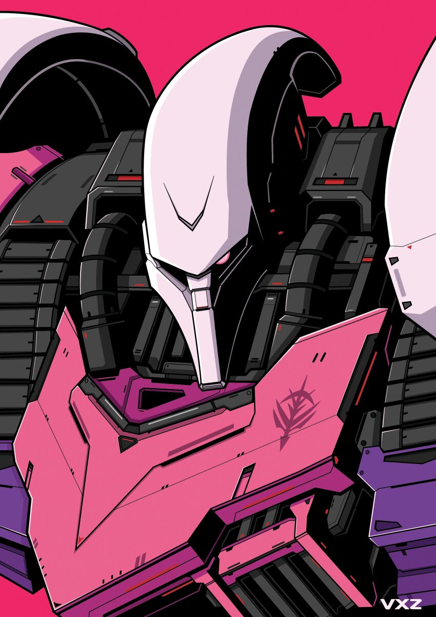 absurdres commentary english_commentary gundam gundam_zz highres looking_at_viewer mecha mecha_focus mobile_suit no_humans one-eyed pink_background pink_eyes qubeley robot science_fiction simple_background solo upper_body voxiela zeon