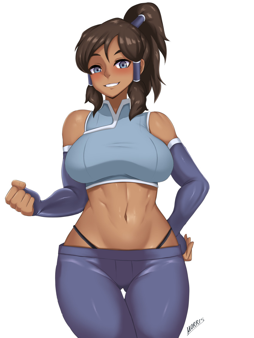 1girl absurdres artist_name avatar_legends bare_shoulders black_panties blue_eyes blue_pants blue_shirt blue_sleeves blush breasts brown_hair clenched_hand cowboy_shot cropped_shirt dark-skinned_female dark_skin detached_sleeves eyebrows female_focus grin hand_on_own_hip hand_up highleg highleg_panties highres korra large_breasts long_hair looking_at_viewer morris1611 muscular muscular_female navel panties pants ponytail shirt simple_background sleeveless sleeveless_shirt sleeves_past_wrists smile solo standing teeth the_legend_of_korra thigh_gap underwear white_background