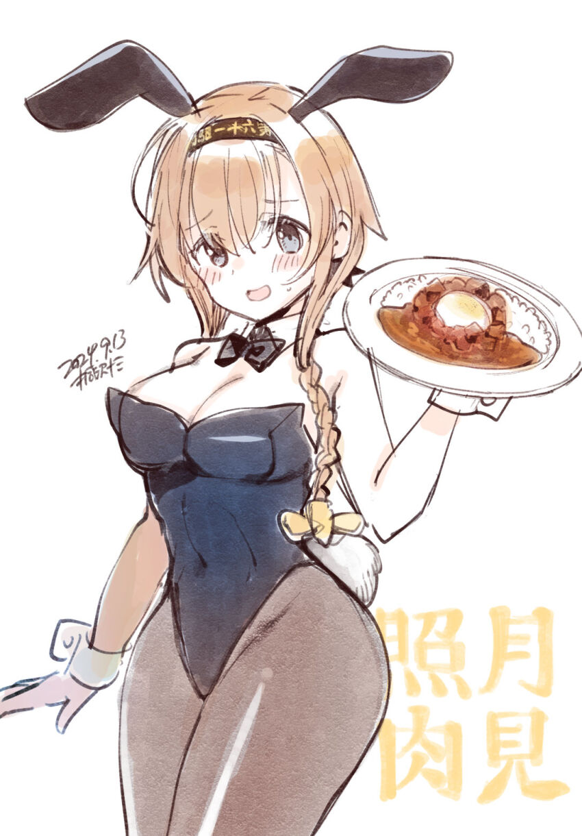 1girl alternate_costume animal_ears artist_name black_bow black_bowtie black_leotard black_pantyhose bow bowtie braid breasts colorized commentary_request covered_navel cowboy_shot dated detached_collar fake_animal_ears food grey_eyes greyscale hair_ornament headband highleg highleg_leotard highres kantai_collection kirisawa_juuzou leotard light_brown_hair low_twintails medium_breasts monochrome pantyhose playboy_bunny propeller_hair_ornament rabbit_ears rabbit_tail solo strapless strapless_leotard tail teruzuki_(kancolle) translation_request twin_braids twintails wrist_cuffs