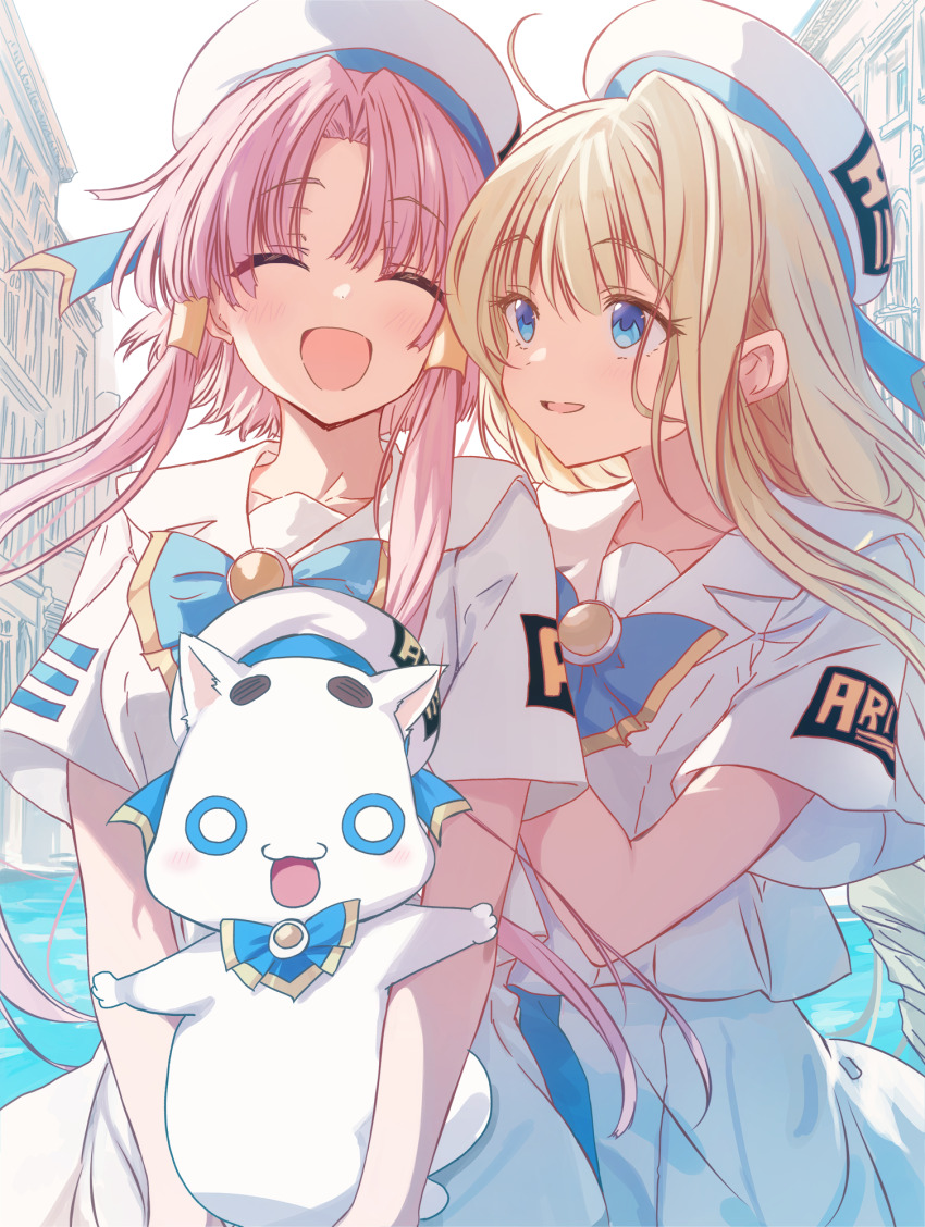 2girls :d alicia_florence animal aria_(manga) aria_company_uniform aria_pokoteng blonde_hair blue_bow blue_bowtie blue_eyes blush bow bowtie cat closed_eyes cutlass_(classic_chocolate) day dress facing_viewer hair_ornament hat highres holding holding_animal holding_cat long_hair mizunashi_akari multiple_girls open_mouth outdoors parted_bangs pink_hair sailor_collar sailor_dress sailor_hat short_hair_with_long_locks short_sleeves smile white_dress white_hat white_sailor_collar