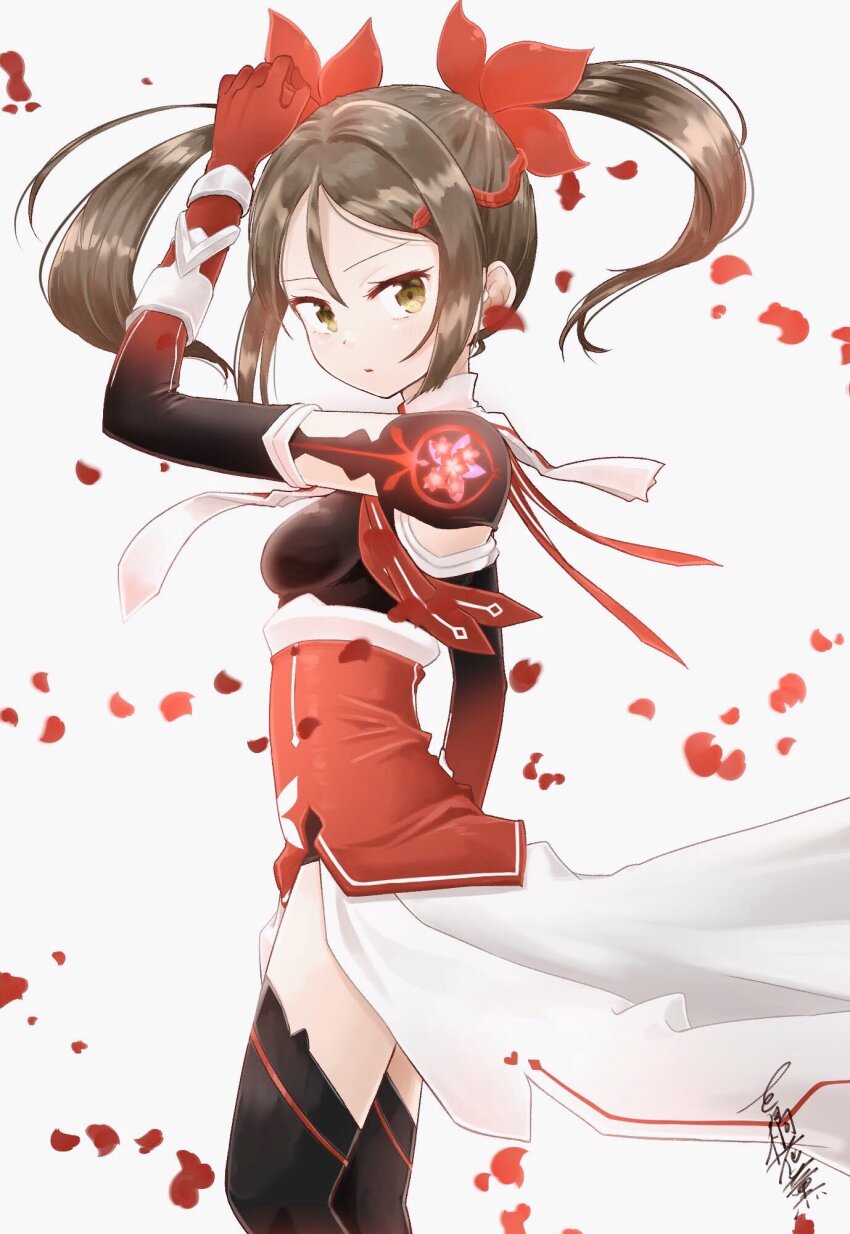1girl aogirism arm_up black_thighhighs breasts brown_eyes brown_hair elbow_gloves eyelashes falling_petals feet_out_of_frame from_side gloves grey_background hair_between_eyes hair_ribbon highres japanese_clothes looking_at_viewer medium_breasts miyoshi_karin parted_bangs petals red_gloves red_ribbon ribbon shirt sidelocks signature sleeveless sleeveless_shirt solo standing thighhighs thighs twintails yuuki_yuuna_wa_yuusha_de_aru yuuki_yuuna_wa_yuusha_de_aru:_hanayui_no_kirameki