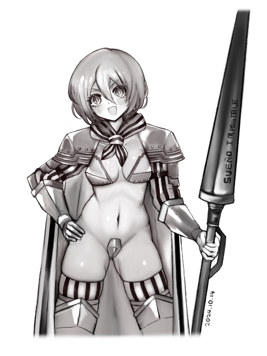 1girl arm_belt arm_guards armor bikini_armor breasts cape cowboy_shot don_quixote_(project_moon) hand_on_own_hip highres holding holding_polearm holding_weapon leg_armor limbus_company midriff monochrome navel njaja_kanja open_mouth polearm project_moon short_hair shoulder_armor shoulder_pads smile spear striped_cape striped_clothes striped_thighhighs thighhighs thighs weapon