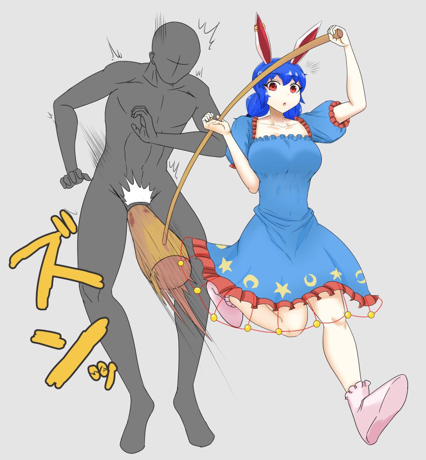 1boy 1girl abs animal_ears ball_busting blue_dress blue_hair breasts collarbone commentary_request dress earclip faceless faceless_male grey_background groin_attack highres impossible_clothes impossible_dress kine large_breasts legs long_hair mallet moon_print ponytail puffy_short_sleeves puffy_sleeves rabbit_ears red_eyes seiran_(touhou) short_dress short_hair short_sleeves split_ponytail star_(symbol) star_print surprised toned touhou zig
