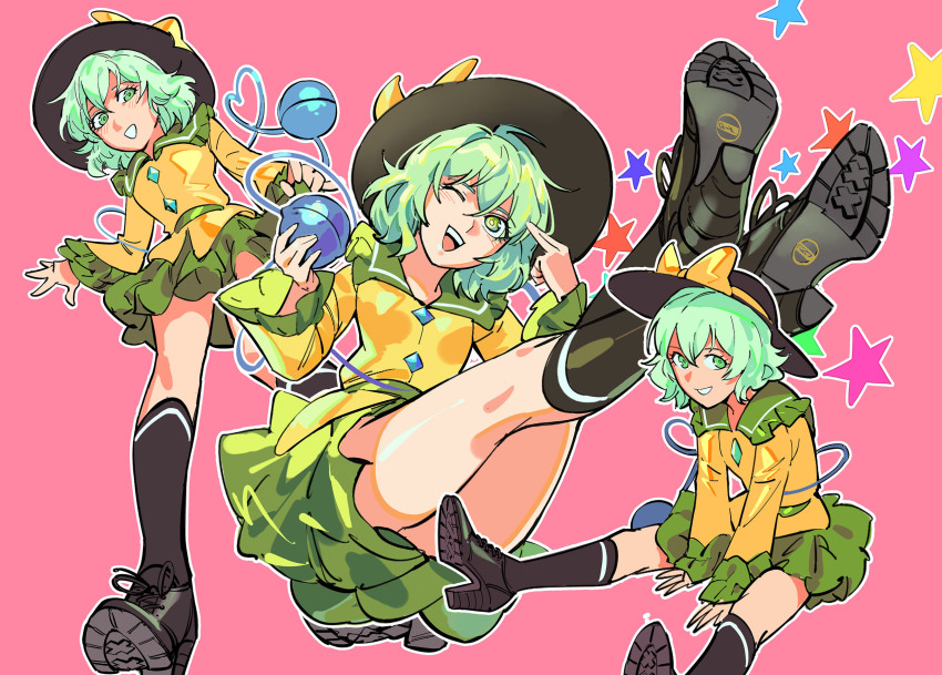 1girl :d ;d black_footwear black_headwear black_socks blouse blush boots buttons collared_shirt cross-laced_footwear diamond_button eyeball frilled_shirt_collar frilled_sleeves frills green_eyes green_skirt grin hair_between_eyes hat hat_ribbon heart heart_of_string high_heel_boots high_heels highres kneehighs komeiji_koishi light_green_hair long_sleeves looking_at_viewer looking_to_the_side medium_hair miniskirt multiple_views one_eye_closed open_mouth outline oxford_heels oxfords pink_background ribbon ruukii_drift shirt shoe_soles shoes sitting skirt sleeves_past_wrists smile socks standing teeth third_eye touhou upper_teeth_only white_outline wide_sleeves yellow_ribbon yellow_shirt