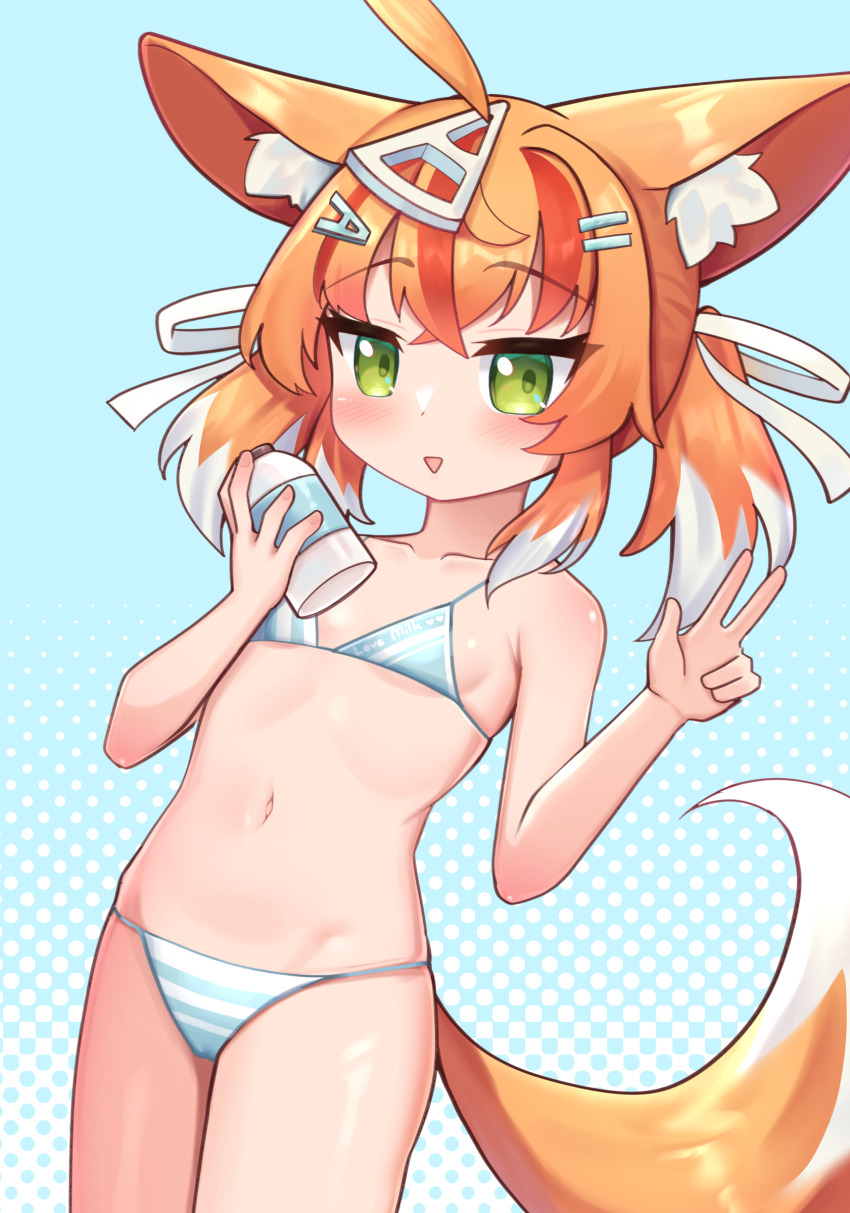 1girl absurdres ahoge akimiya_yamiku animal_ear_fluff animal_ears bikini blue_background blue_bikini bottle colored_tips cowboy_shot flat_chest fox_ears fox_girl fox_tail green_eyes highres holding holding_bottle looking_at_viewer multicolored_hair open_mouth orange_hair original paid_reward_available solo striped_bikini striped_clothes swimsuit tail v white_hair