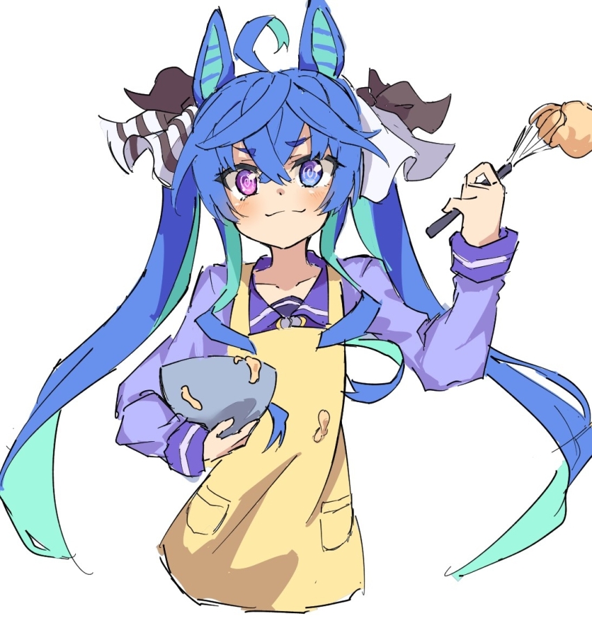 1girl :3 @_@ ahoge animal_ears apron aqua_hair batter blue_eyes blue_hair bow bowl closed_mouth cropped_torso crossed_bangs hair_between_eyes hair_bow hand_up heterochromia holding holding_bowl holding_whisk horse_ears horse_girl long_hair long_sleeves looking_at_viewer mifutatsu mixing_bowl multicolored_hair purple_eyes purple_shirt school_uniform shirt sidelocks simple_background solo split_mouth striped_bow tracen_school_uniform twin_turbo_(umamusume) twintails two-tone_hair umamusume very_long_hair whisk white_background yellow_apron