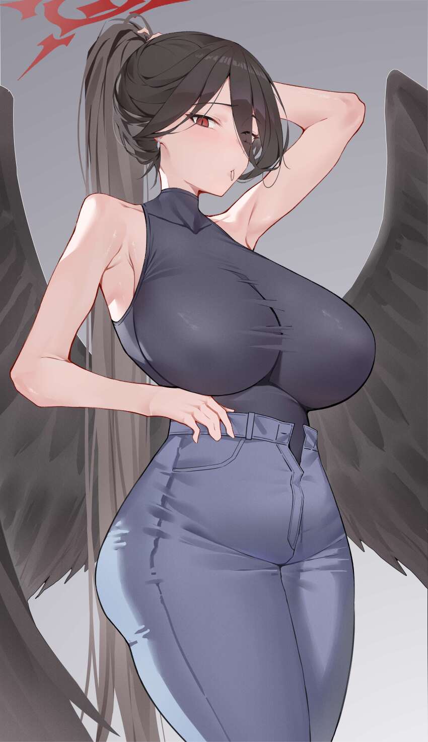 1girl absurdres alternate_costume alternate_hairstyle arm_behind_head arm_up armpits bare_arms bare_shoulders black_hair black_shirt black_wings blue_archive blue_pants breasts chinese_commentary closed_mouth collarbone commentary_request covered_collarbone cowboy_shot denim earrings eyes_visible_through_hair feathered_wings gradient_background grey_background hair_between_eyes hair_over_one_eye hair_tie_in_mouth halo hand_up hasumi_(blue_archive) high-waist_pants high_ponytail highres huge_breasts jeans jewelry long_bangs long_hair looking_at_viewer low_wings mouth_hold open_fly open_pants pants ponytail red_eyes red_halo shirt sleeveless sleeveless_shirt slit_pupils solo standing turtleneck turtleneck_shirt tying_hair very_long_hair wings xiangzuo_zhi