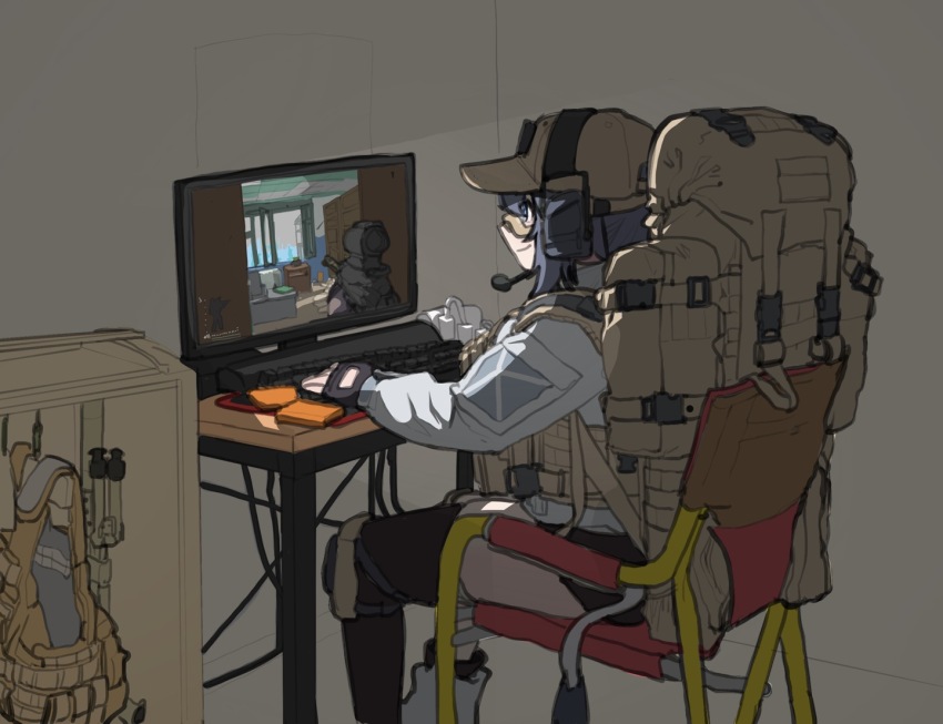 1girl assault_rifle backpack bag baseball_cap bipod black_shorts bulletproof_vest cable chair computer computer_keyboard escape_from_tarkov fingerless_gloves folding_chair gloves gugyun_(gugyun_00) gun hat headset jacket monitor playing_games purple_hair rifle safety_glasses shorts smile solo weapon