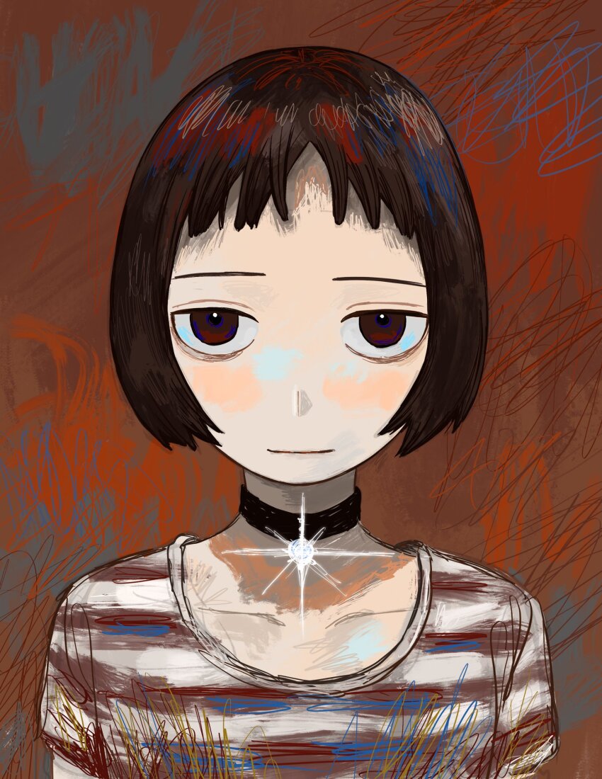 1girl bags_under_eyes black_choker black_hair blush bob_cut choker closed_mouth collarbone highres leon_the_professional light_smile looking_at_viewer mathilda_lando nishinori_(24no71) pendant_choker portrait red_eyes shirt short_sleeves solo straight-on striped_clothes striped_shirt