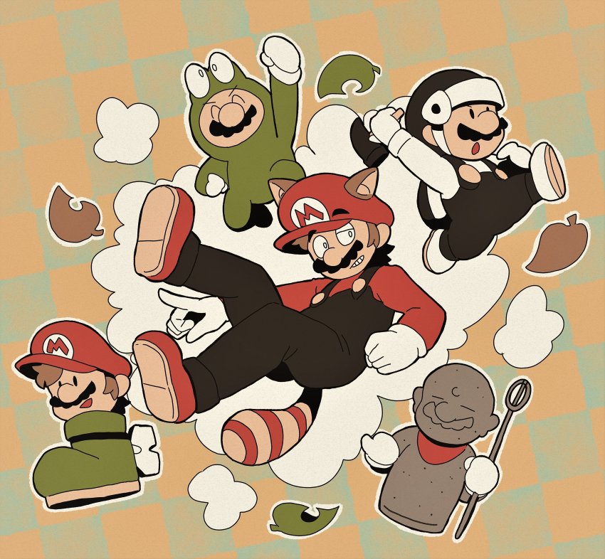 1boy absurdres animal_costume animal_ears black_overalls brown_hair clenched_hand eyebrows_visible_through_hat facial_hair frog_costume frog_mario hammer_mario hat helmet highres holding holding_staff kuribo&#039;s_shoe leaf looking_to_the_side male_focus mario mario_(series) multiple_views mustache nintendo omura_zojiki open_mouth overalls raccoon_ears raccoon_mario raccoon_tail red_headwear shoes staff statue super_leaf super_mario_bros._3 tail tanooki_mario tanuki_mario