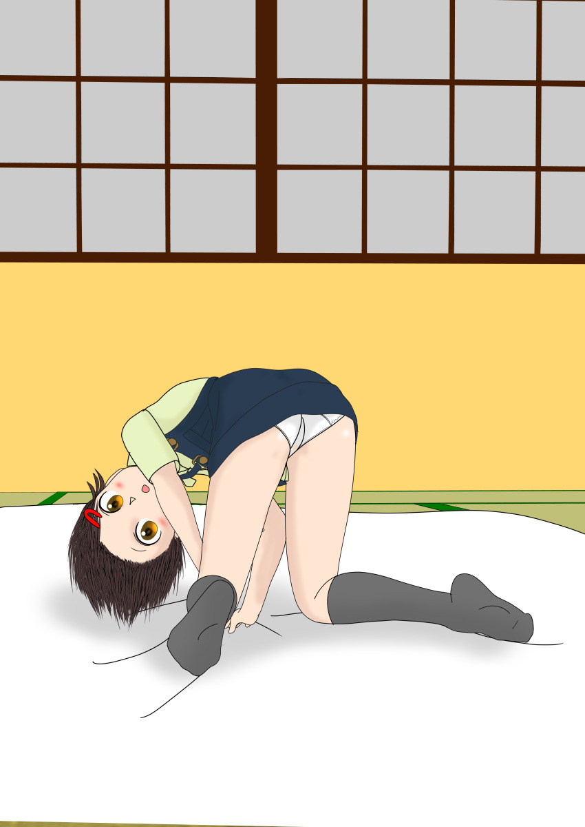 1girl absurdres all_fours ass bed black_dress black_socks blush brown_eyes brown_hair dress flat_chest from_behind green_shirt hair_ornament hairclip highres kneehighs loli looking_at_viewer looking_back on_bed open_mouth original panties pee_stain sexless2012 shirt short_hair short_sleeves sleeveless sleeveless_dress socks stained_panties underwear white_panties window