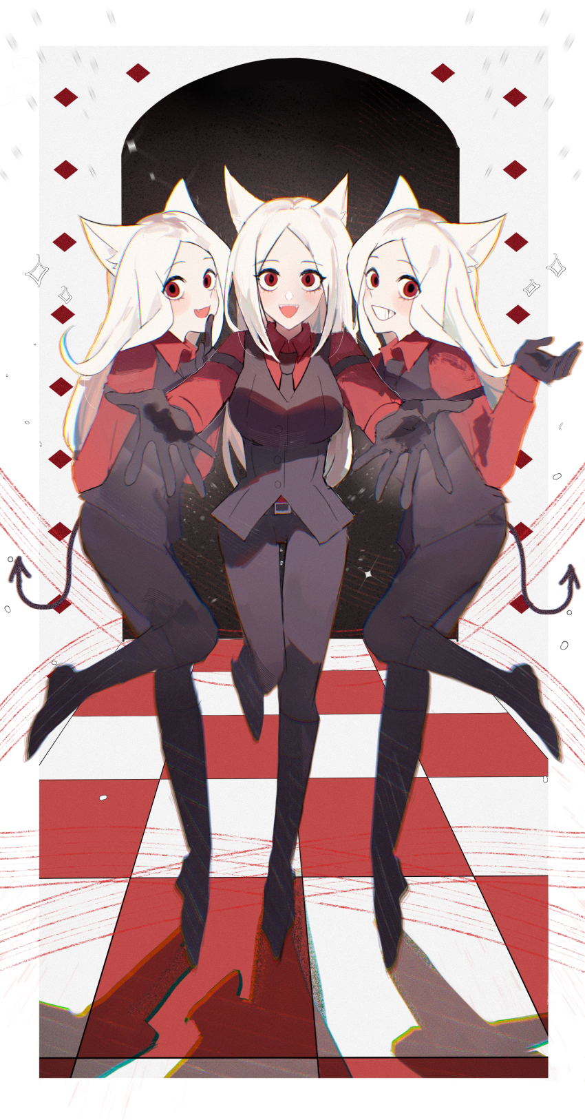 3girls absurdres boots cerberus_(helltaker) demon_girl formal_clothes helltaker highres knee_boots long_hair looking_at_viewer multiple_girls pants red_background suit tail triplets uruauro white_hair