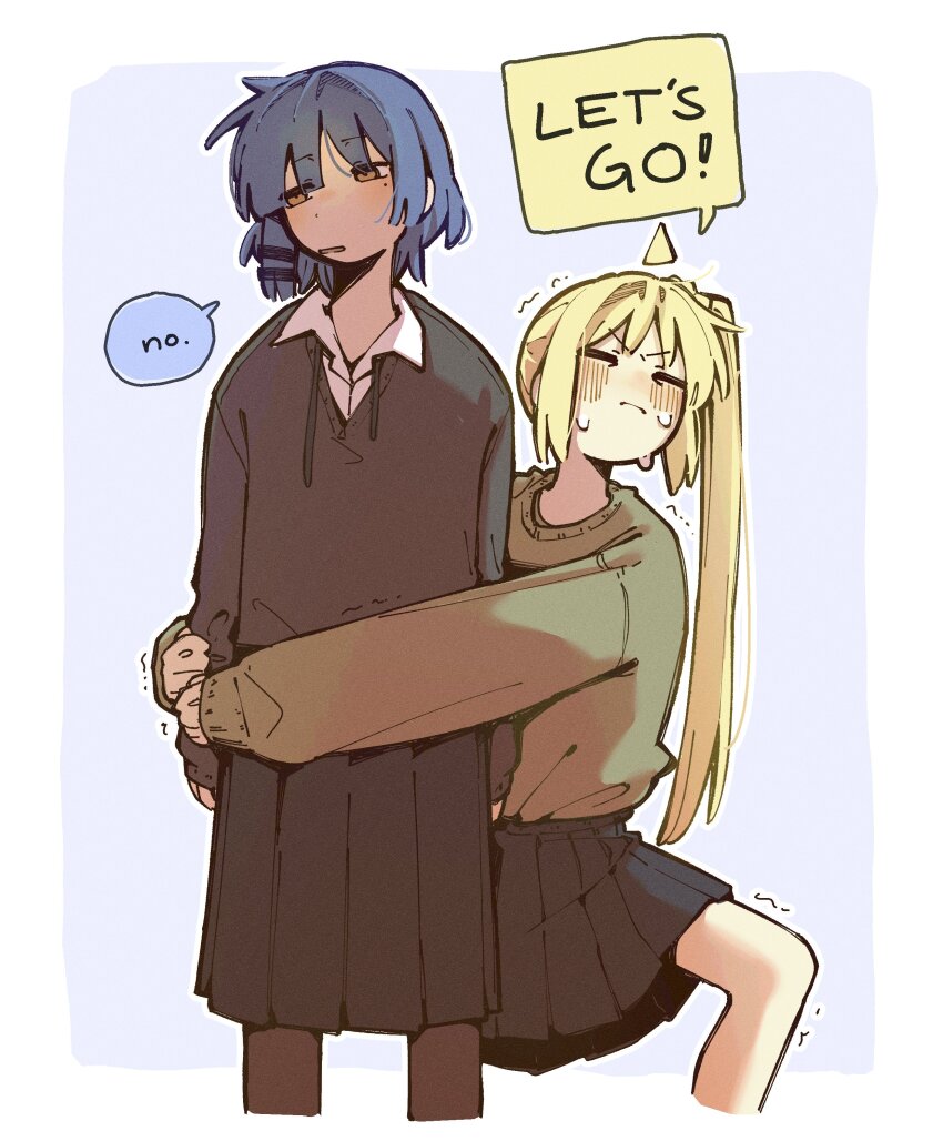 2girls absurdres ahoge black_shirt black_skirt blonde_hair blue_hair bocchi_the_rock! closed_eyes commentary detached_ahoge english_commentary english_text green_sweater hair_ornament hairclip highres ijichi_nijika long_hair long_sleeves machuuu68 medium_hair mole mole_under_eye multiple_girls pleated_skirt shirt side_ponytail simple_background skirt sweater trembling white_shirt yamada_ryo yellow_eyes yuri