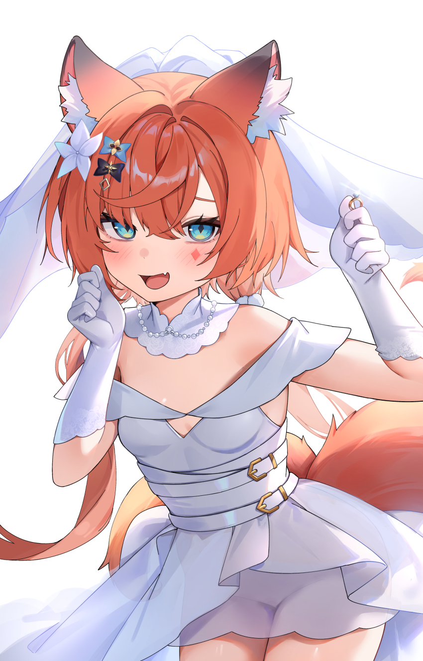 1girl absurdres animal_ear_fluff animal_ears bare_shoulders bead_necklace beads blue_eyes blush bridal_veil bu_leike character_request diamond-shaped_pupils diamond_(shape) diamond_facial_mark diamond_hair_ornament dress facial_mark fang flower gloves hair_between_eyes hair_flower hair_ornament hands_up highres holding holding_jewelry holding_ring jewelry long_hair looking_at_viewer low_twintails multiple_tails necklace number-only_commentary open_mouth orange_hair ring see-through_clothes see-through_dress smile solo symbol-shaped_pupils tail twintails veil very_long_hair virtual_youtuber wedding_dress white_dress white_flower white_gloves
