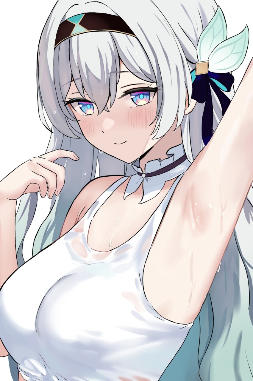1girl aqua_pupils arm_up armpit_focus armpits black_hairband blush bow breasts bright_pupils closed_mouth collar commentary detached_collar duplicate english_commentary firefly_(honkai:_star_rail) grey_hair hair_bow hairband hand_up highres honkai:_star_rail honkai_(series) large_breasts long_hair looking_at_viewer mizurena multicolored_bow multicolored_eyes pixel-perfect_duplicate presenting_armpit simple_background smile solo sweat sweaty_clothes tank_top upper_body very_long_hair very_sweaty white_background white_collar white_tank_top