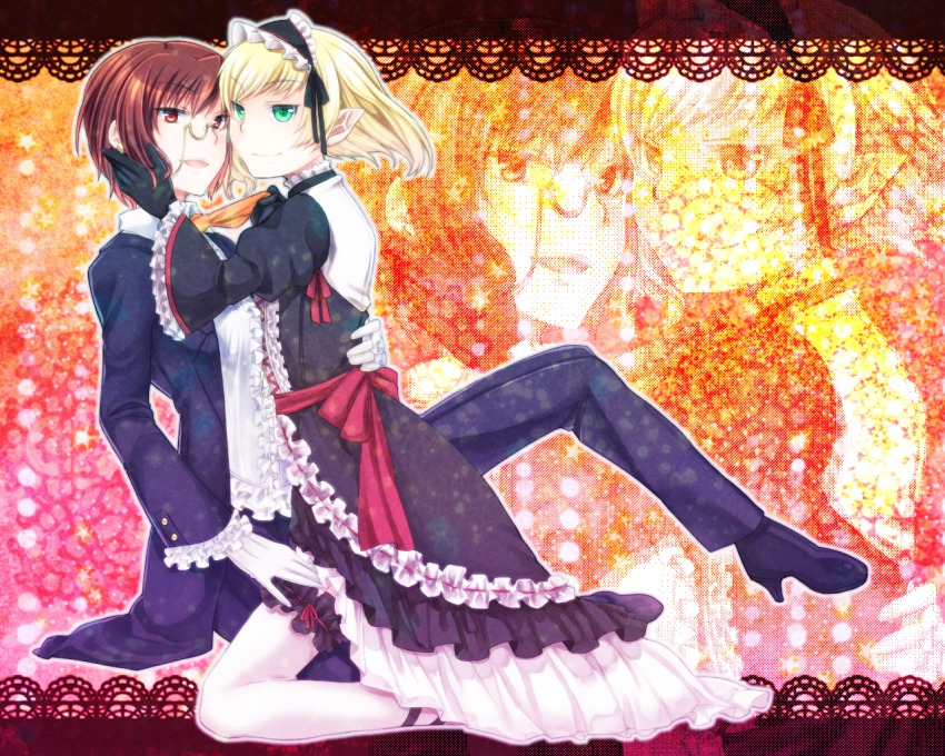 1boy 1girl aozaki_touko aozaki_touko_(mahou_tsukai_no_yoru) apron bad_id bad_pixiv_id blonde_hair crossdressing earrings formal_clothes frills gloves green_eyes high_heels jewelry kamehima lugh_beowulf mahou_tsukai_no_yoru maid maid_apron maid_headdress monocle pantyhose pointy_ears red_eyes red_hair reverse_trap shoes short_hair smile suit thighhighs trap