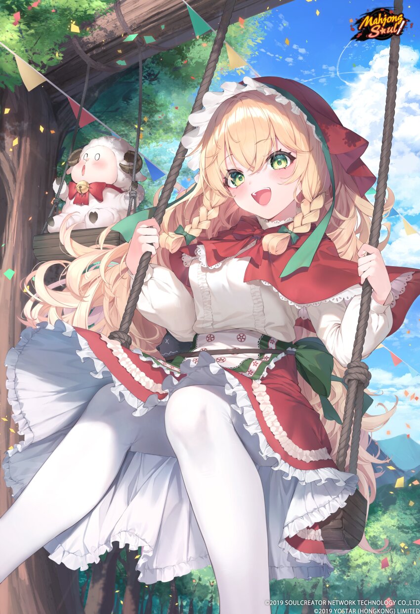 0_0 1girl :d absurdres apron bell birthday blonde_hair blush bow bowtie braid braided_sidelock breasts capelet cloud cloudy_sky commentary convenient_leg copyright_name copyright_notice day eliisa_(mahjong_soul) english_commentary feet_out_of_frame forest frilled_headwear frilled_shirt frilled_skirt frills green_apron green_bow green_eyes green_pupils hair_between_eyes hair_bow hands_up highres jingle_bell knees logo long_hair long_sleeves looking_at_viewer mahjong_soul medium_breasts medium_skirt mizuiro_raika nature official_art on_swing open_mouth outdoors pantyhose pennant puffy_long_sleeves puffy_sleeves red_bow red_bowtie red_capelet red_headwear red_skirt sheep shirt shirt_tucked_in sidelocks sitting skirt sky smile solo string_of_flags swing swinging swinging_on_swing teeth traditional_clothes tree twin_braids two-sided_fabric two-sided_skirt two-tone_skirt upper_teeth_only very_long_hair waist_apron waist_bow watermark wavy_hair white_pantyhose white_shirt white_skirt yostar