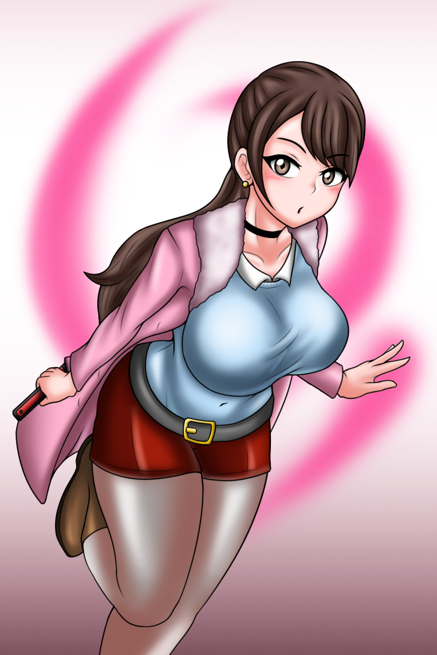 1girl blouse_jacket breasts brown_eyes brown_hair earrings highres jewelry large_breasts momochi_kasumi pantyhose ponytail shirt shorts shuriken_sentai_ninninger super_sentai treezero