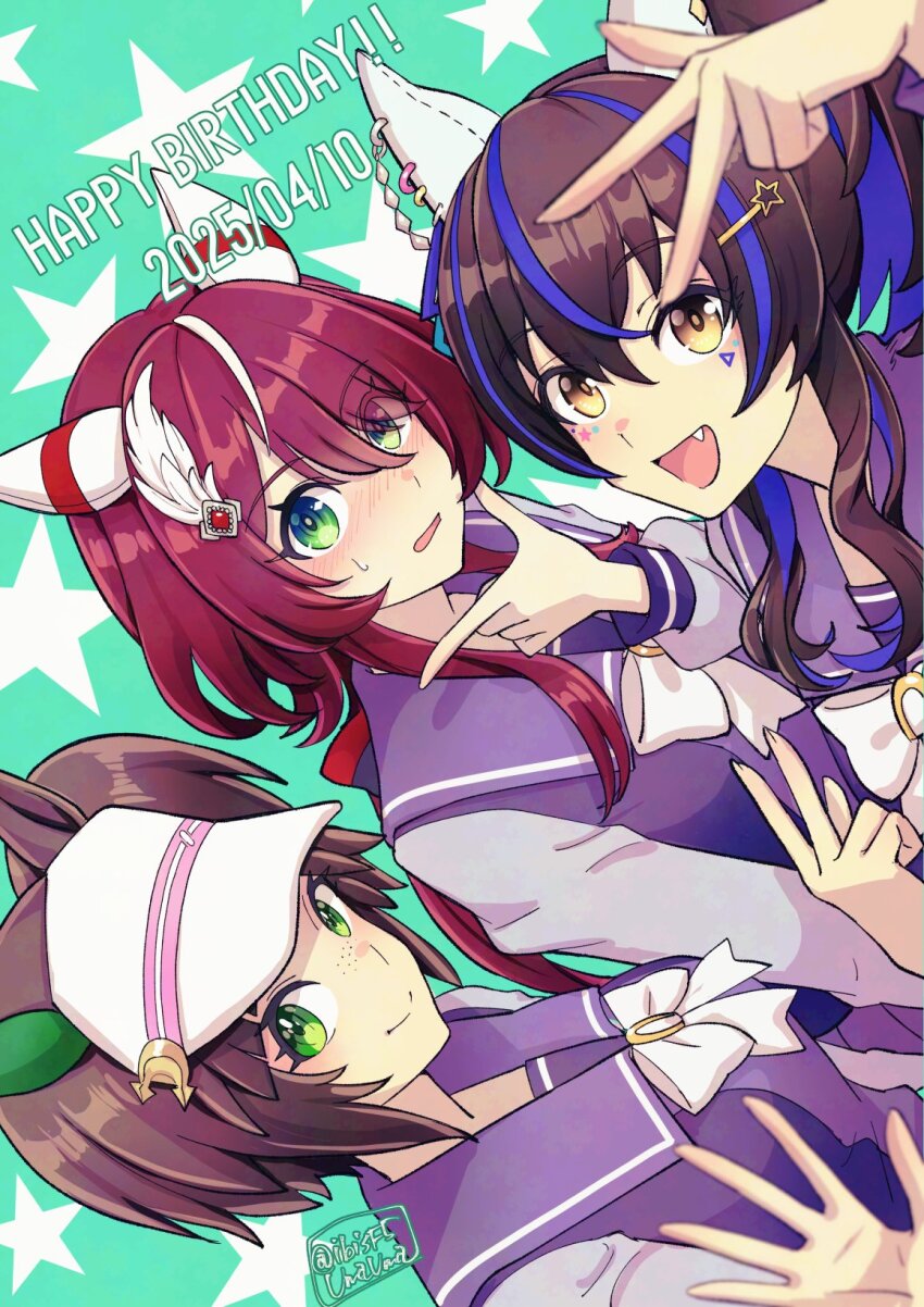 3girls animal_ears bow bowtie breasts brown_hair closed_mouth daitaku_helios_(umamusume) dated ear_covers fang feather_hair_ornament feathers freckles green_eyes hair_ornament hairclip happy_birthday hi_(ibisf5umauma) highres horse_ears ines_fujin_(umamusume) long_hair long_sleeves multicolored_hair multiple_girls open_mouth purple_shirt red_hair sailor_collar school_uniform shirt short_hair side_ponytail small_breasts smile star_(symbol) streaked_hair sweatdrop tracen_school_uniform twitter_username umamusume upper_body v visor_cap w waving win_variation_(umamusume) yellow_eyes