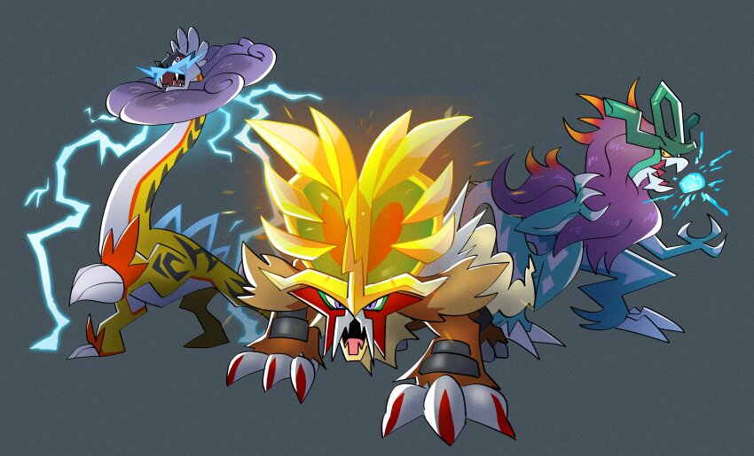 absurdres berardbro blue_fur brown_fur claws colored_sclera dinosaur dinosaur_tail dragon eyeshadow fangs forked_tail gouging_fire highres horns jumping lightning long_neck makeup mane mouth_beam multiple_tails nintendo no_humans open_mouth pokemon pokemon_(creature) pokemon_focus purple_eyes purple_fur raging_bolt raptor red_claws red_eyes red_eyeshadow sauropod single_horn spikes striped_fur tail triceratops two_tails walking_wake yellow_horns yellow_sclera