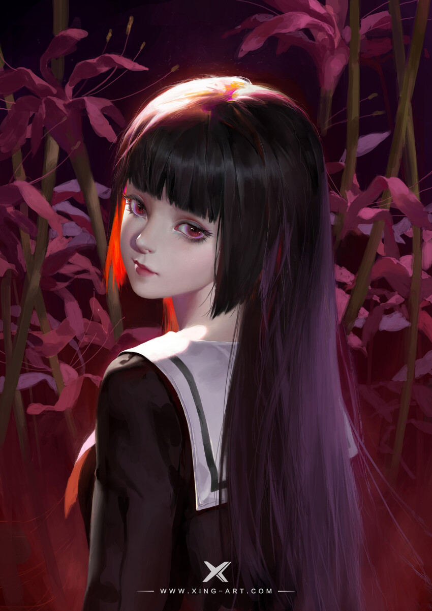 1girl absurdres artist_name black_hair black_shirt blunt_bangs chinese_commentary closed_mouth commentary_request enma_ai expressionless eyelashes floral_background flower from_behind highres hime_cut jigoku_shoujo lipstick long_hair long_sleeves looking_at_viewer looking_back makeup neckerchief realistic red_background red_eyes red_flower red_lips red_neckerchief sailor_collar school_uniform serafuku shirt solo spider_lily starlab straight_hair upper_body very_long_hair watermark white_sailor_collar