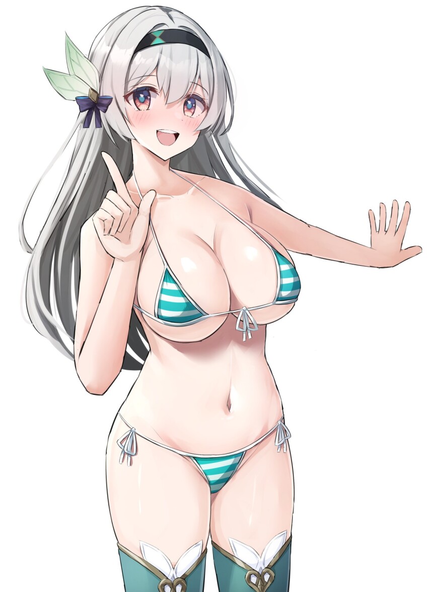 1girl alternate_breast_size alternate_costume bikini breasts collarbone commentary_request cowboy_shot firefly_(honkai:_star_rail) hand_up highres honkai:_star_rail honkai_(series) hoshino_ruby_dance looking_at_viewer micro_bra open_mouth side-tie_bikini_bottom simple_background smile solo striped_bikini striped_clothes swimsuit tabii teeth upper_teeth_only white_background