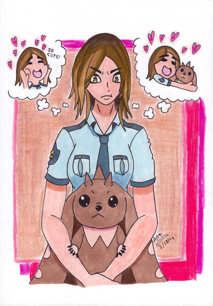 1girl absurdres black_eyes date_makiko digimon digimon_(creature) digimon_story:_cyber_sleuth highres horns lopmon police police_uniform policewoman traditional_media