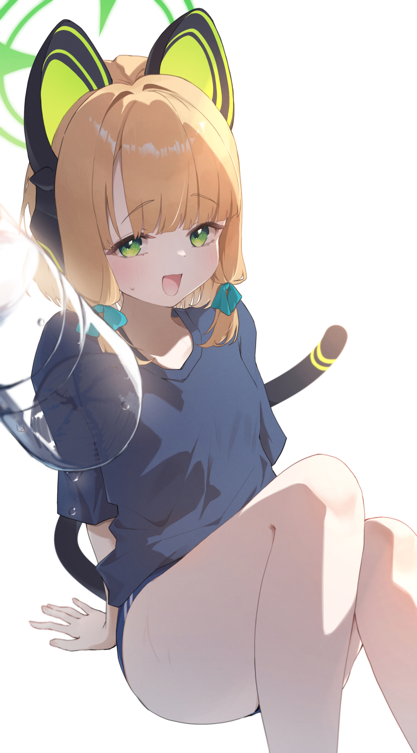 1girl :d absurdres alternate_costume animal_ear_headphones animal_ears aqua_bow arm_support arms_behind_back black_shirt blonde_hair blue_archive blue_buruma blunt_bangs blush bottle bow buruma cat_ear_headphones cat_ears cat_tail commentary_request eyelashes fake_animal_ears fake_tail feet_out_of_frame green_halo gym_shirt gym_uniform hair_bow hair_intakes halo headphones highres ixia559 knees_up looking_at_viewer medium_hair midori_(blue_archive) open_mouth shirt short_sleeves sidelighting sidelocks sitting smile solo sweat tail thighs water_bottle
