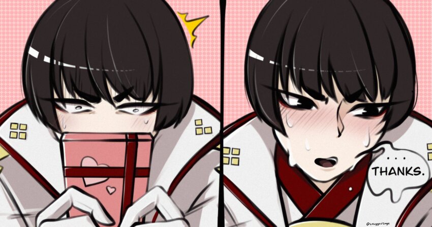 1boy asahi_sas_brutus black_eyes black_hair blunt_bangs blush final_fantasy final_fantasy_xiv gift gloves highres holding holding_gift hyur japanese_clothes military military_uniform open_mouth short_hair smuggestsage solo square_enix valentine