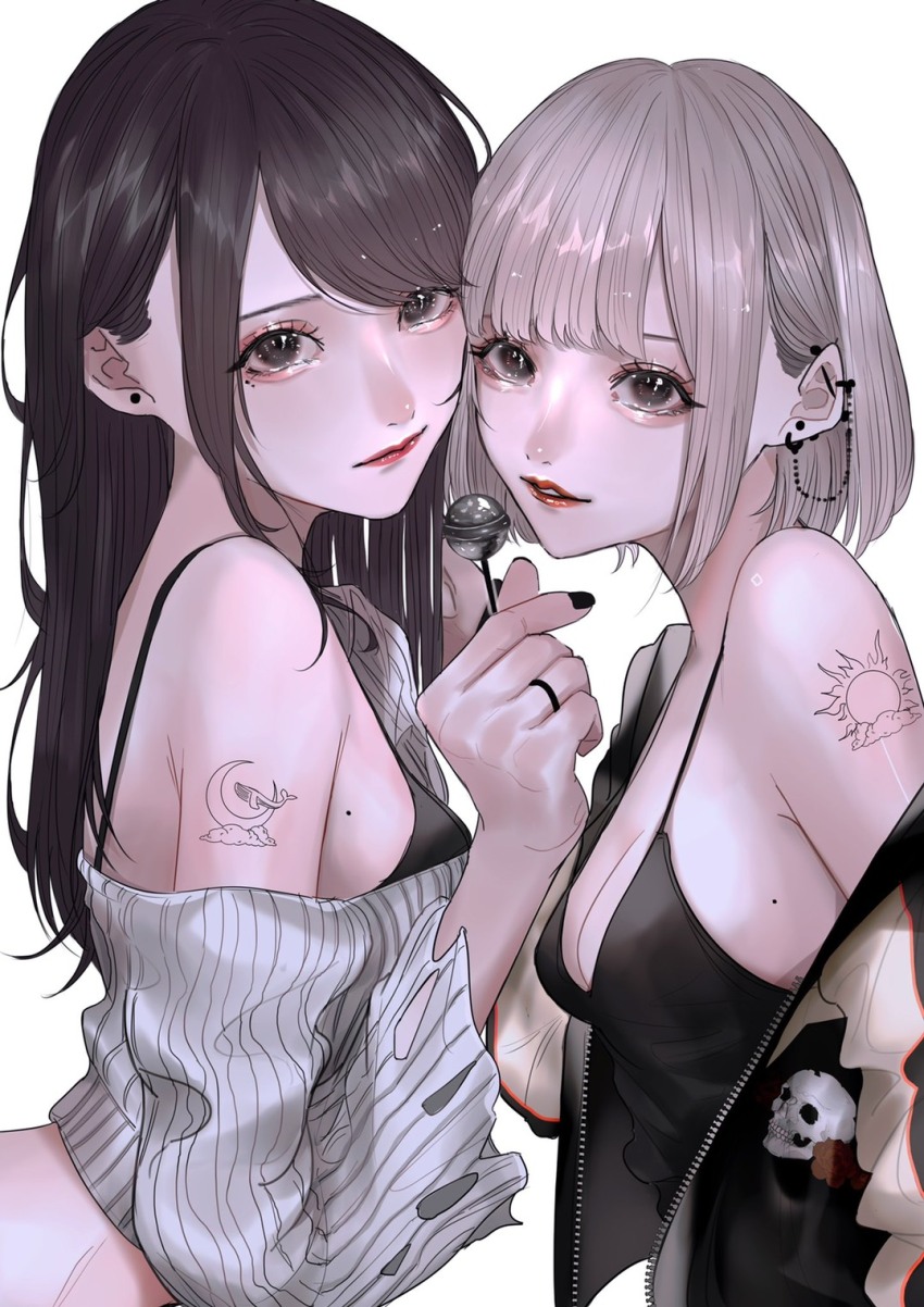 2girls aegyo_sal barbell_piercing bare_shoulders black_bra black_camisole black_eyes black_jacket black_nails bra breasts brown_hair camisole candy cleavage closed_mouth commentary_request crescent_tattoo cropped_sweater ear_chain ear_piercing earrings eyelashes eyeliner flower_ring food from_side glitter_makeup grey_background grey_hair grey_sweater heads_together highres holding holding_candy holding_food holding_lollipop jacket jacket_partially_removed jewelry letterman_jacket linked_piercing lipstick lollipop long_hair long_sleeves looking_at_viewer makeup mano_aaa medium_breasts mole mole_on_breast multiple_girls nail_polish off-shoulder_sweater off_shoulder original parted_lips piercing red_lips short_hair shoulder_tattoo simple_background single_sidelock stud_earrings sun_symbol sun_tattoo sweater swept_bangs tan tattoo torn_clothes torn_sweater underwear upper_body whale_tattoo yuri zipper