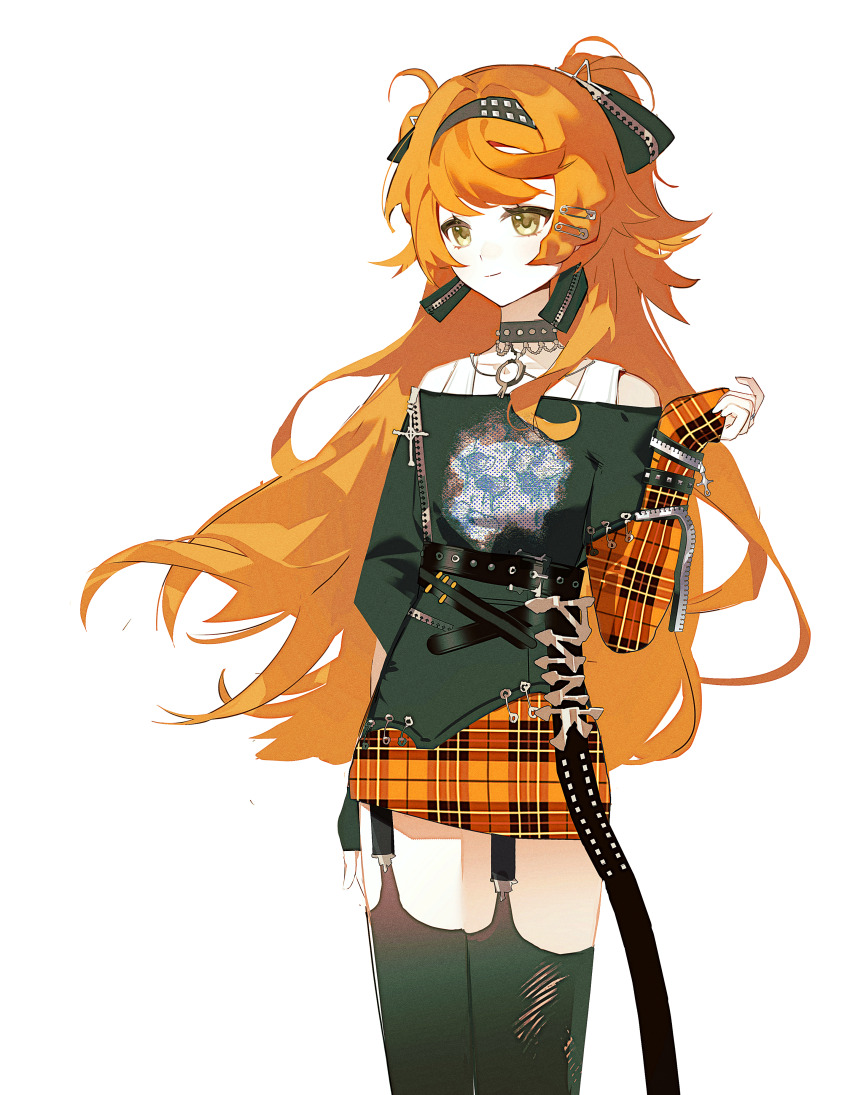 1girl absurdres alternate_costume bare_shoulders black_choker black_hairband black_shirt black_thighhighs choker cowboy_shot garter_straps green_eyes hairband hand_up highres light176 long_hair long_sleeves miniskirt orange_hair pleated_skirt red_skirt reverse:1999 safety_pin_hair_ornament shirt skirt smile solo sonetto_(reverse:1999) thighhighs two_side_up white_background