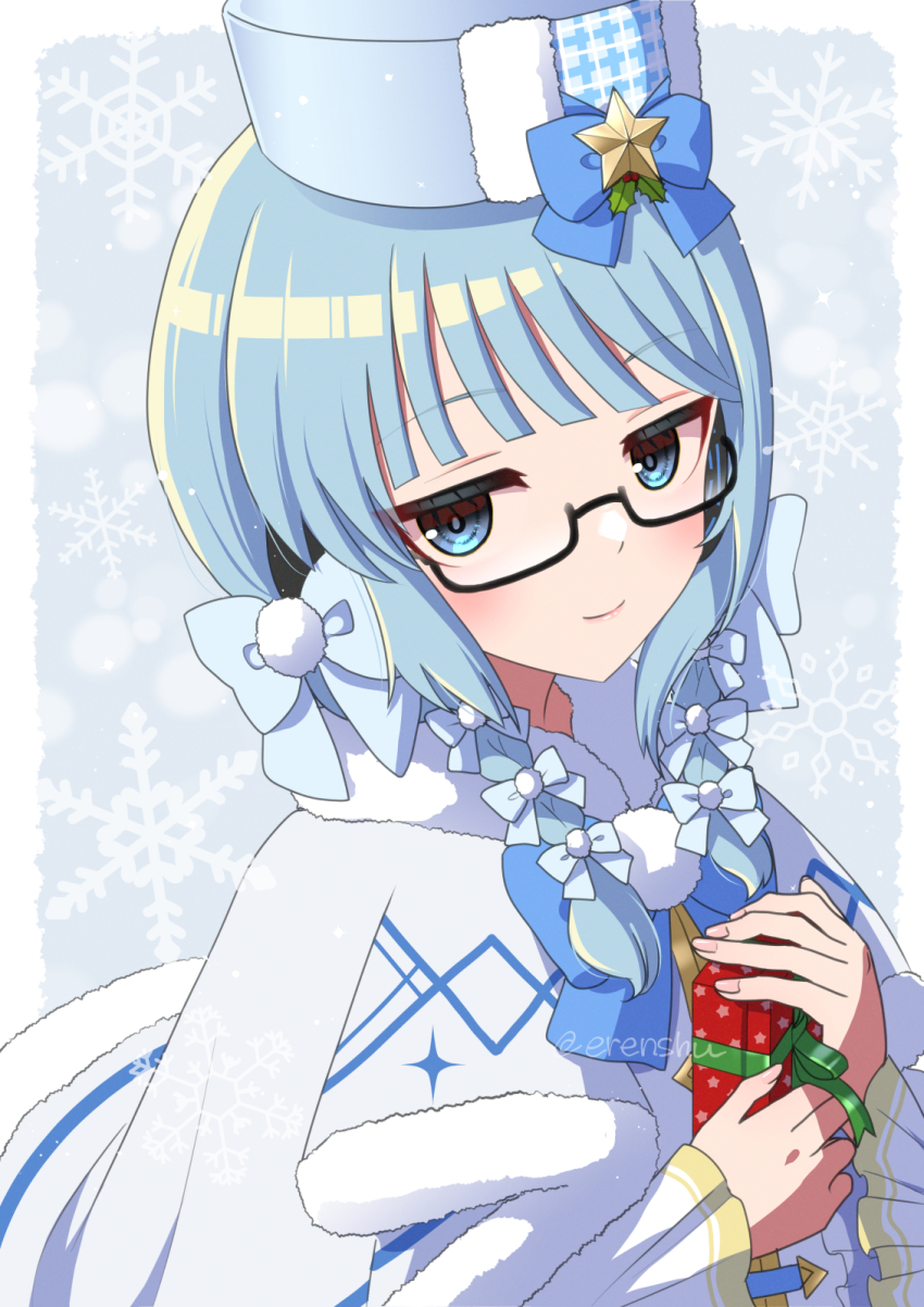 1girl blue_bow blue_eyes blue_hair bow box character_request erenshu gift gift_box glasses grey_hat hair_bow hat hat_bow hat_ornament highres holding holding_gift holly pom_pom_(clothes) semi-rimless_eyewear snowflakes solo star_(symbol) star_hat_ornament station_memories twitter_username upper_body