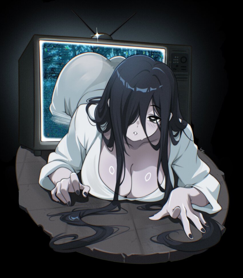 1girl black_background black_eyes black_hair black_nails breasts cleavage collarbone commentary crt dress hair_over_one_eye highres large_breasts long_hair looking_at_viewer parted_lips solo the_ring through_medium through_screen vizaz white_dress yamamura_sadako
