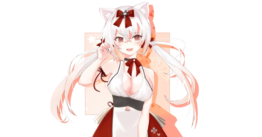 1girl :d animal_ear_fluff animal_ears azur_lane bare_shoulders bow breasts cat_ears cat_girl claw_pose cleavage crossed_bangs fang hair_bow hair_ribbon hand_up highres large_breasts long_hair looking_at_viewer low_twintails official_alternate_costume open_mouth pardofelisowo red_bow red_eyes red_ribbon ribbon simple_background skin_fang smile solo twintails upper_body white_background white_hair yukikaze_(azur_lane) yukikaze_(winter&#039;s_snowy_wind)_(azur_lane)