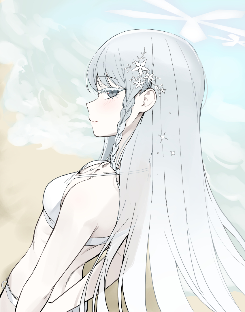 1girl absurdres bikini blue_archive breasts colored_eyelashes from_behind grey_eyes hair_ornament halo highres hyury nagusa_(blue_archive) nagusa_(swimsuit)_(blue_archive) official_alternate_costume small_breasts snowflake_hair_ornament solo swimsuit white_bikini white_eyelashes white_halo