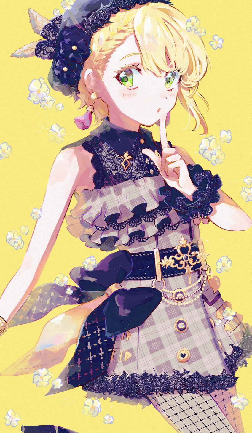 1girl absurdres belt black_belt black_ribbon black_scrunchie blonde_hair bracelet brown_dress dress earrings finger_to_mouth fishnet_pantyhose fishnets flower frilled_dress frills fur-trimmed_dress fur-trimmed_headwear fur_trim green_eyes hamachamu hat hat_flower highres idolmaster idolmaster_cinderella_girls jewelry miyamoto_frederica pantyhose parted_lips plaid_clothes plaid_dress ribbon scrunchie short_dress short_hair sleeveless sleeveless_dress solo