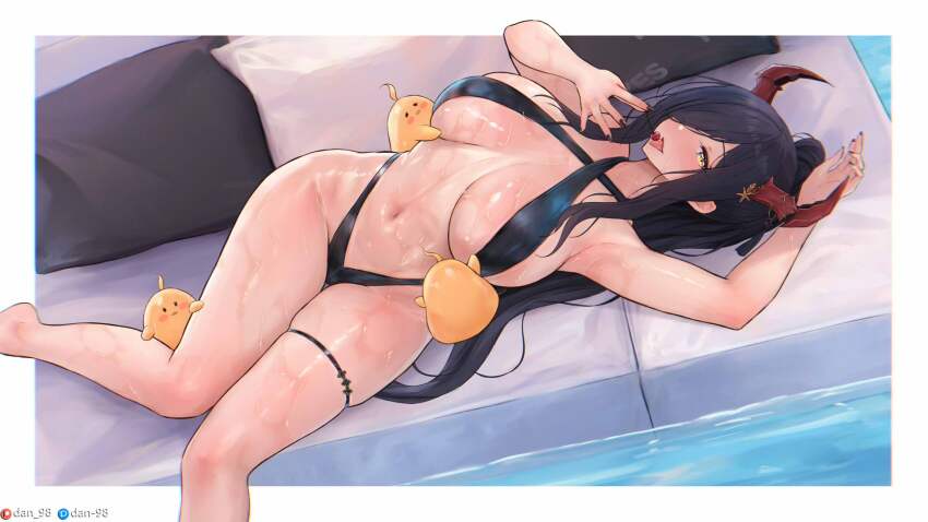 1girl arm_up armpits azur_lane bikini black_bikini black_hair blush border breasts cherry couch dan-98 demon_girl demon_horns food friedrich_der_grosse_(azur_lane) friedrich_der_grosse_(one_summer_night&#039;s_intimacy)_(azur_lane) fruit hair_over_one_eye halterneck highres holding holding_food holding_fruit horns large_breasts long_hair looking_at_viewer lying manjuu_(azur_lane) mixed-language_commentary nail_polish navel official_alternate_costume official_alternate_hairstyle on_back on_couch outside_border ponytail red_horns solo stomach swimsuit thigh_strap thighs tongue tongue_out wet white_border yellow_eyes