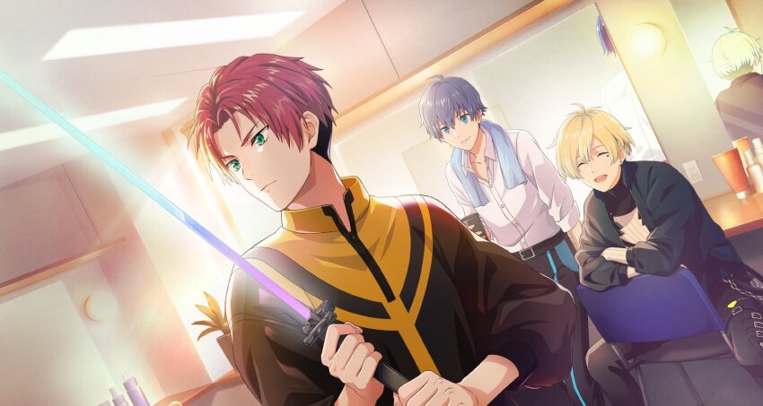 3boys ahoge amamine_shu antenna_hair blonde_hair blue_eyes blue_hair c.first_(idolmaster) closed_eyes cup green_eyes hair_between_eyes hanazono_momohito heart_on_cheek highres holding holding_cup holding_sword holding_weapon idolmaster idolmaster_side-m idolmaster_side-m_growing_stars indoors light_green_hair long_sleeves male_focus mayumi_eishin mirror multiple_boys official_art pants red_hair reflection shirt smile sword weapon white_shirt