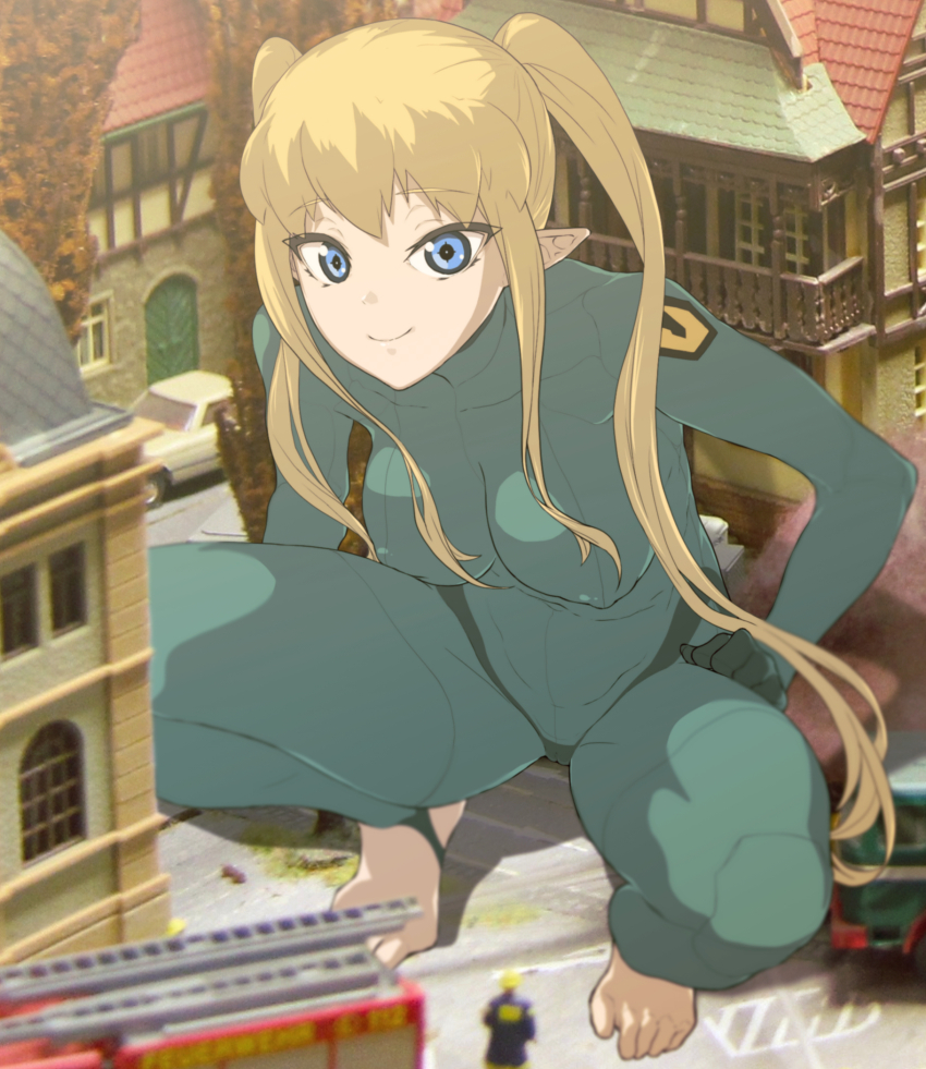 1boy 1girl alien barefoot blonde_hair blue_eyes blurry blurry_foreground bodysuit breasts building cameltoe car cityscape commentary_request doodoo_(katai_niku) fire_truck firefighter firefighter_jacket giant giantess gloves helmet highres jacket looking_at_viewer looking_up maclone macross medium_breasts meltrandi military motor_vehicle original photo_background pilot_suit pointy_ears science_fiction signature size_difference smirk squatting truck twintails uniform when_you_see_it zentradi