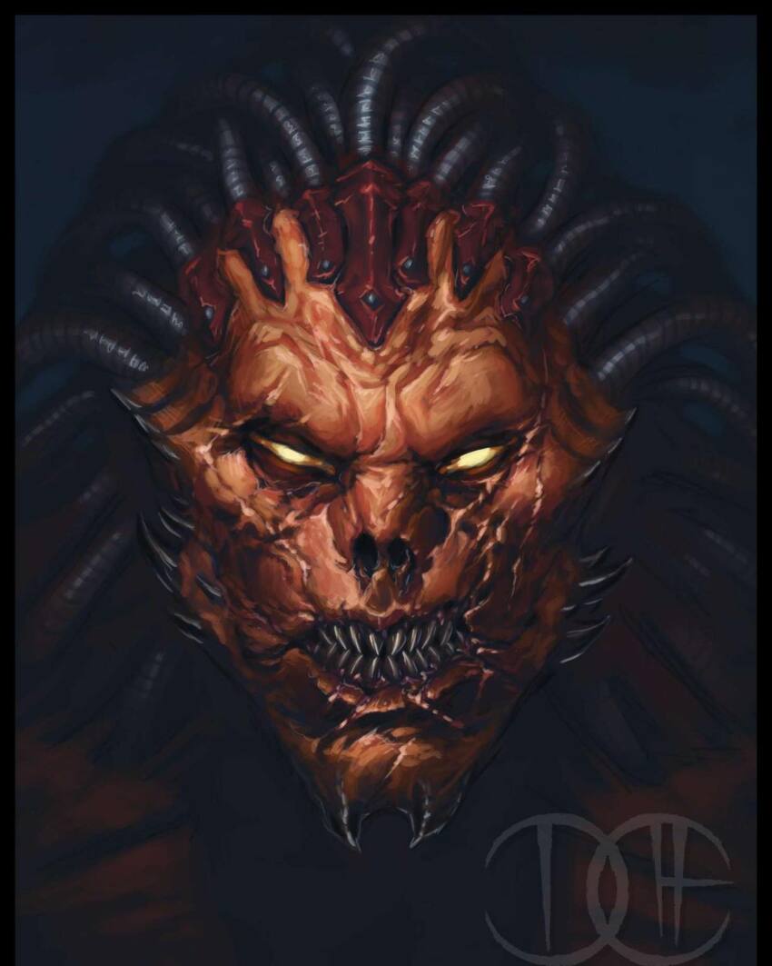 angron black_border border butchers_nails_(warhammer_40k) cable chaos_(warhammer) colored_skin david_haire demon demon_horns demon_primarch facial_scar glowing glowing_eyes gorefather hair_tubes highres horns non-web_source open_mouth primarch red_skin scar scar_across_eye scar_on_cheek scar_on_face sharp_teeth signature teeth tube warhammer_40k yellow_eyes
