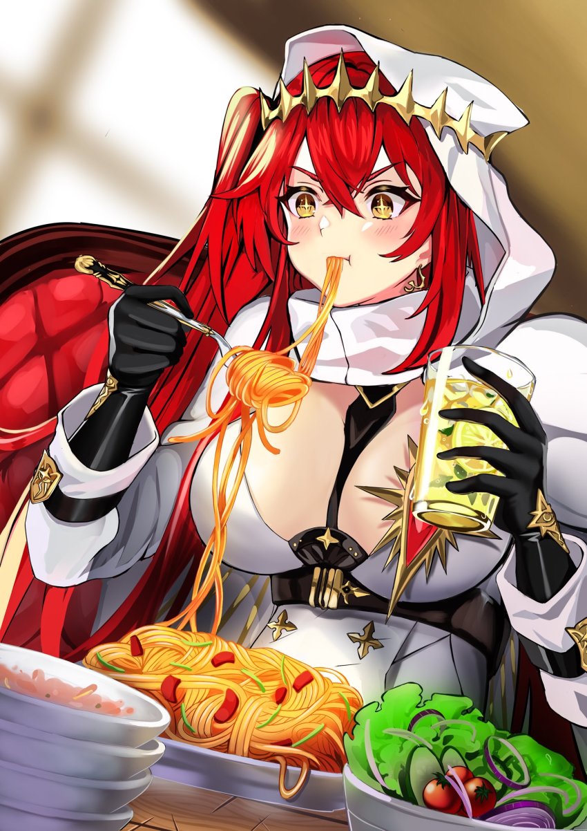 +_+ 1girl :t alchemy_stars belt between_breasts black_gloves black_necktie blurry blurry_background blush bowl breasts chair cleavage cleavage_cutout closed_mouth clothing_cutout commission crown cup earrings eating exillust food fork gloves highres holding holding_cup holding_fork hood hood_up jacket jewelry large_breasts lemonade long_hair long_sleeves necktie necktie_between_breasts noodles pact_(alchemy_stars) pasta plate red_hair salad second-party_source side_ponytail sitting solo spaghetti upper_body v-shaped_eyebrows white_jacket yellow_eyes
