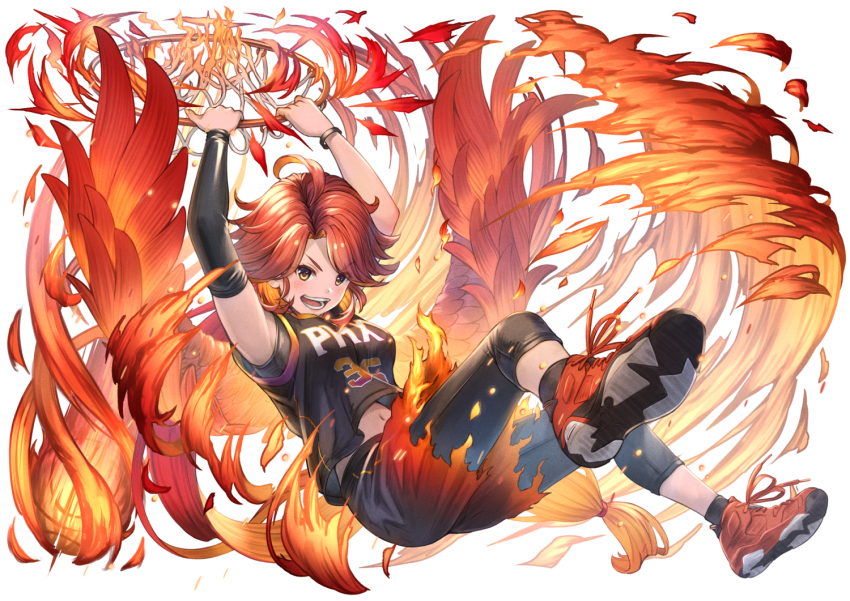 1girl ahoge arm_warmers armpits arms_up azur_lane bare_shoulders basketball basketball_hoop basketball_uniform black_leggings black_shirt breasts commentary_request feathered_wings full_body leggings long_hair looking_at_viewer medium_breasts multicolored_hair national_basketball_association navel open_mouth orange_hair parted_hair phoenix_(azur_lane) phoenix_suns phoenix_wings red_hair red_shoes shirt shoes sidelocks single_arm_warmer sleeveless sleeveless_shirt sneakers solo sportswear stomach teeth two-tone_hair very_long_hair white_background wings yakkuro yellow_eyes