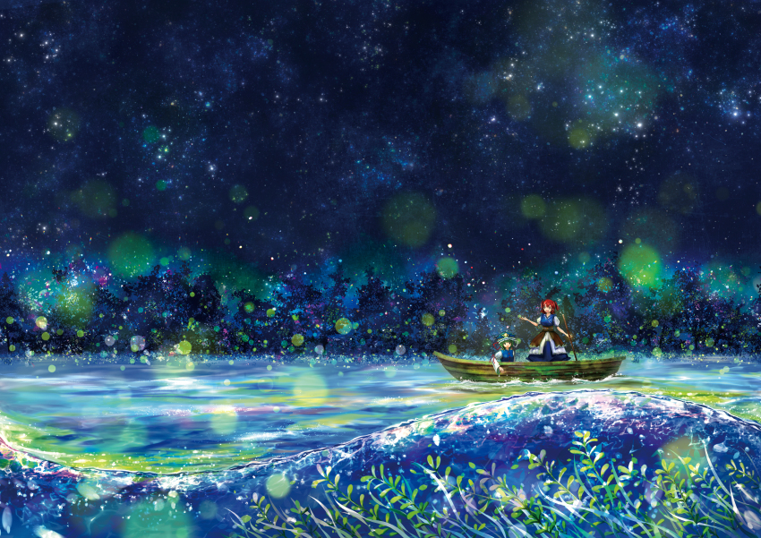 2girls :d absurdres blue_dress blue_headwear blue_vest boat commentary dress fireflies green_eyes green_hair hair_between_eyes hair_bobbles hair_ornament hat highres holding holding_oar kelp long_sleeves multiple_girls night night_sky oar onozuka_komachi open_mouth outdoors puffy_short_sleeves puffy_sleeves red_hair red_ribbon ribbon shiki_eiki short_sleeves short_twintails sky smile star_(sky) starry_sky tocchi touhou tree twintails vest water watercraft white_sleeves wide_sleeves