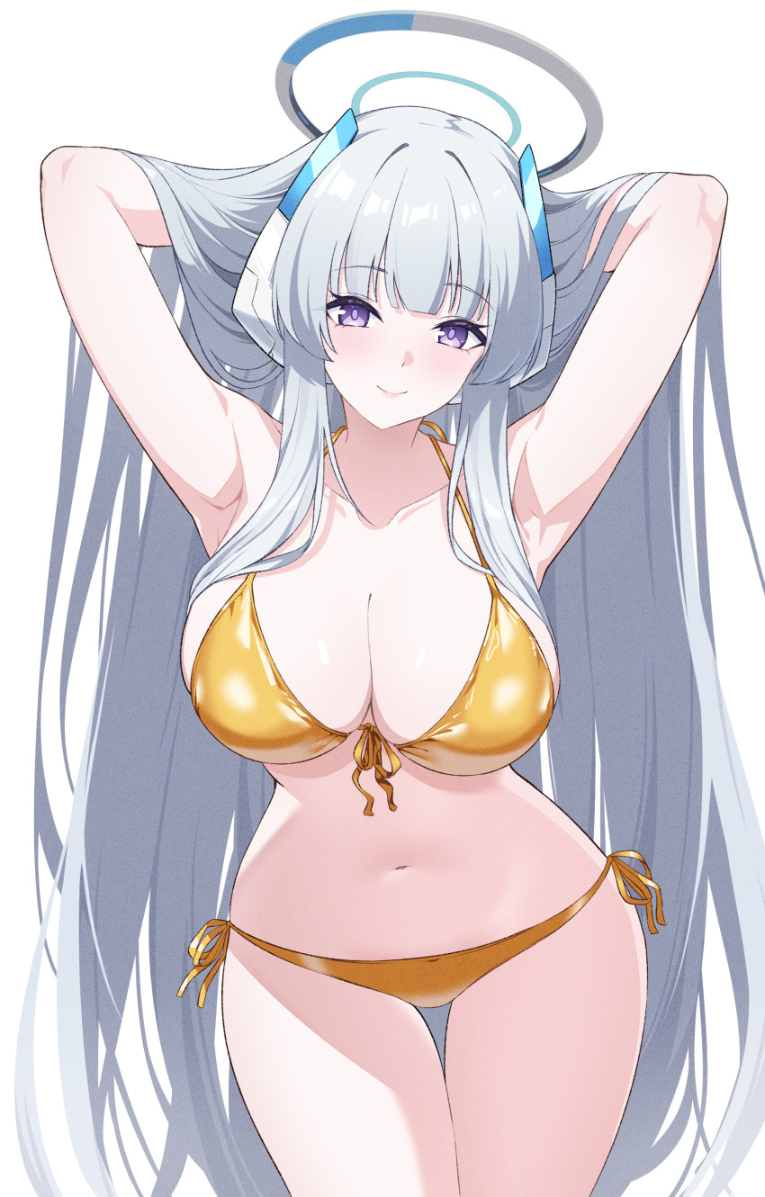 1girl absurdres alternate_costume armpits arms_up bikini blue_archive blush breasts cleavage collarbone commentary cowboy_shot front-tie_bikini_top front-tie_top gold_bikini halo halterneck headgear highres large_breasts long_hair looking_at_viewer mechanical_halo navel noa_(blue_archive) purple_eyes reia_76 side-tie_bikini_bottom simple_background smile solo swimsuit thigh_gap thighs very_long_hair white_background white_hair white_halo