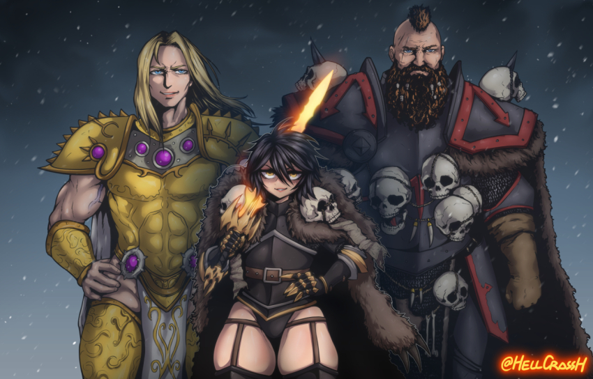 1girl 2boys archaon_the_everchosen armlet armor armored_leotard beard black_hair blonde_hair blue_eyes brown_hair chaos_(warhammer) closed_mouth coat cowboy_shot facial_hair fantasy fire flaming_sword flaming_weapon fur_coat gauntlets genderswap genderswap_(mtf) hellcross_(dkrejd2000) holding holding_sword holding_weapon jewelry leotard looking_at_viewer mohawk multiple_boys pauldrons pelvic_curtain shoulder_armor sigvald_the_magnificent skull slaanesh_(symbol) sword warhammer_fantasy weapon wulfrik_the_wanderer yellow_eyes