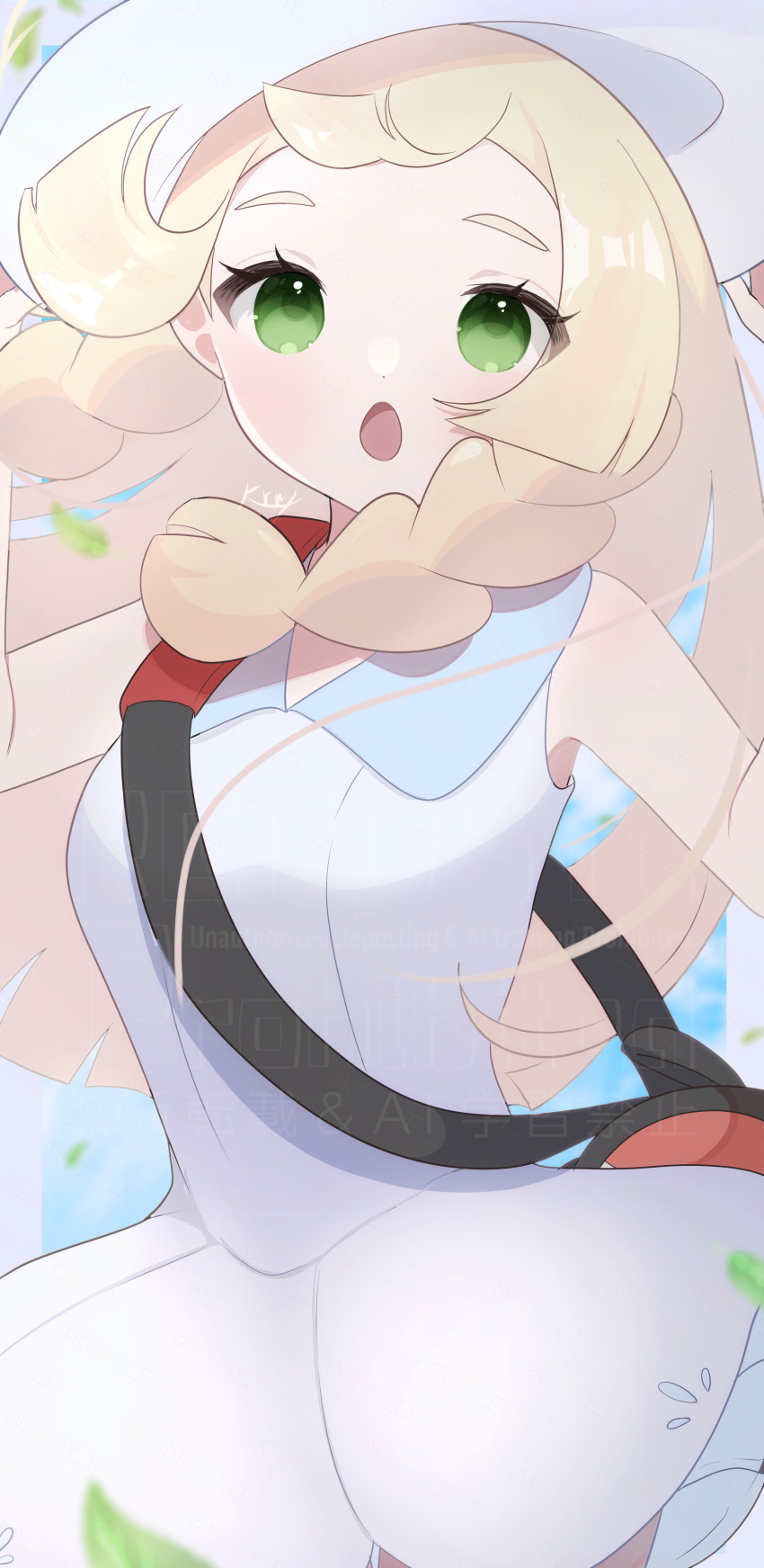 1girl :o absurdres adversarial_noise bag blonde_hair collared_dress commentary day dress eyelashes falling_leaves green_eyes hat highres kurumiya_(krmy_p) leaf lillie_(pokemon) long_hair nintendo open_mouth outdoors pokemon pokemon_sm shoulder_bag sleeveless sleeveless_dress solo white_dress white_hat